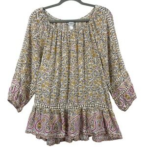 CJ Banks Plus Size 1X Peasant Top Crochet White Yellow Floral Boho Flowy Blouse